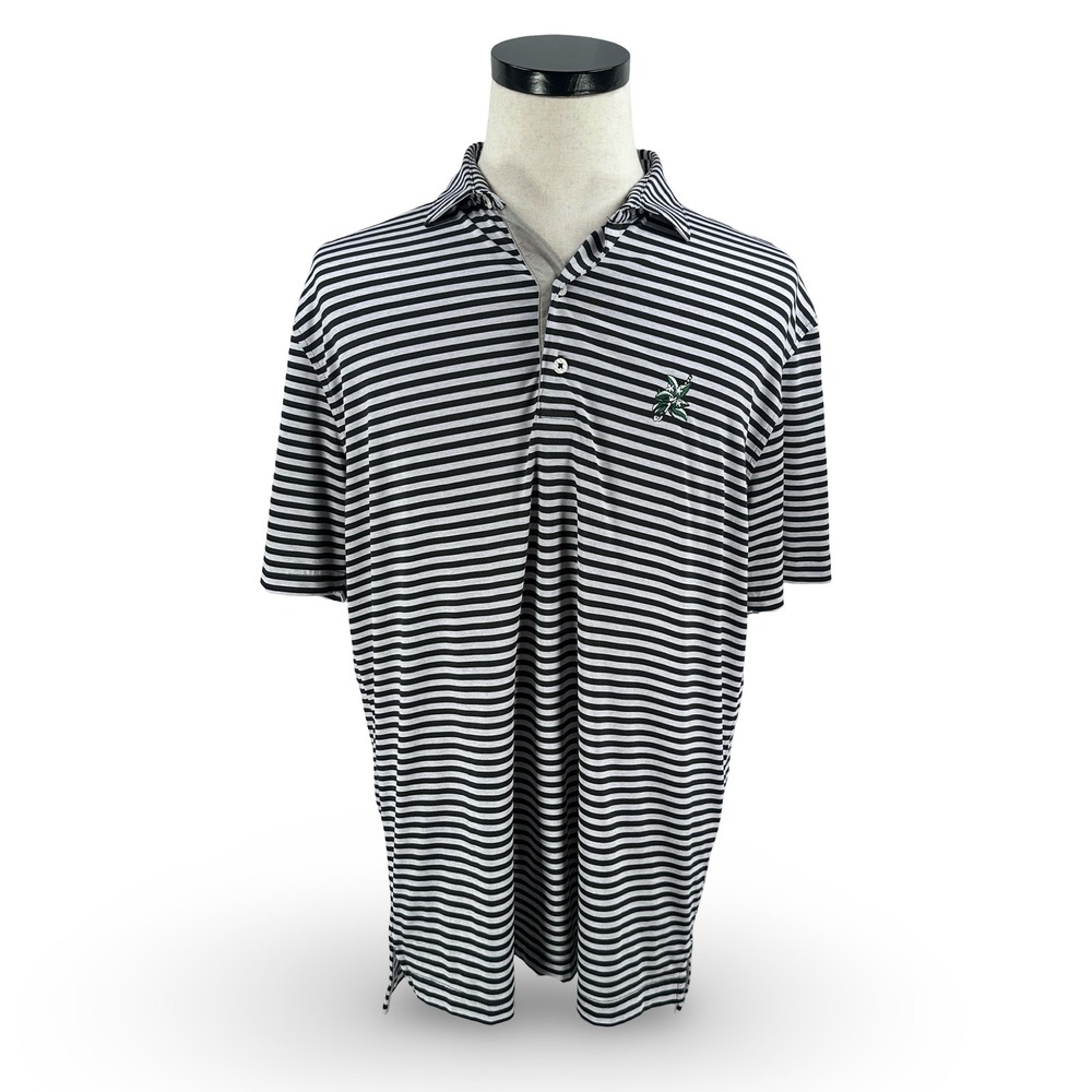 Johnnie-O Mens Large Striped Golf Polo Shirt Black Gray Performance Short Sleeve
